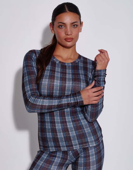 South Beach Check double brushed pointelle thermal base layer set in brown, 4 of 7