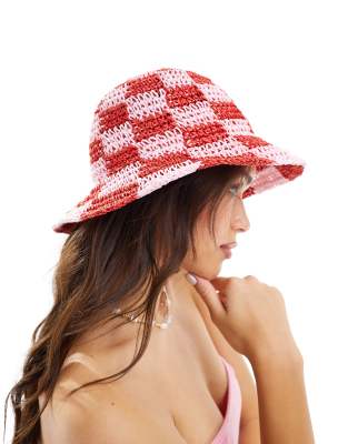 South Beach checkerboard bucket hat in red and pink 