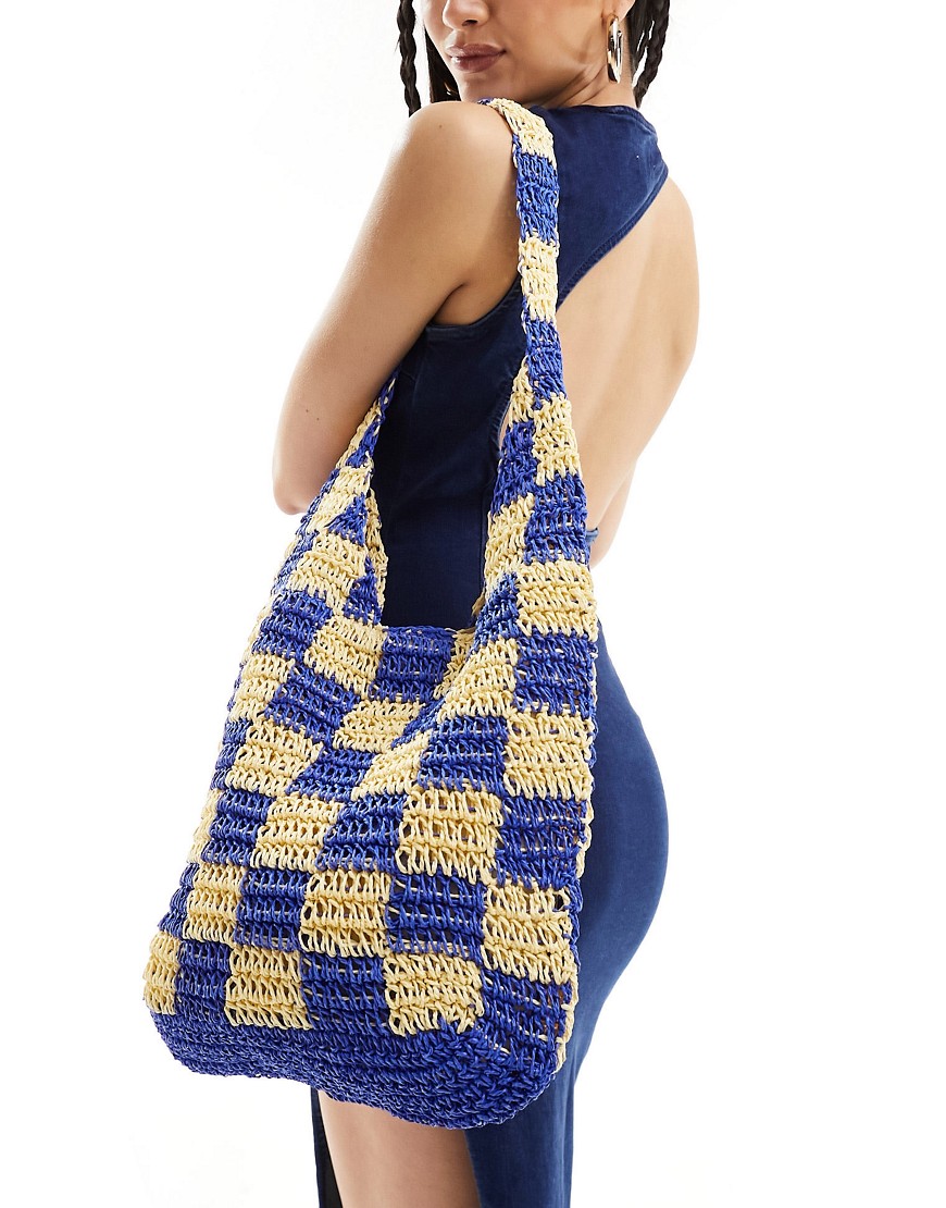 checkerboard crochet tote bag in blue and yellow-Multi