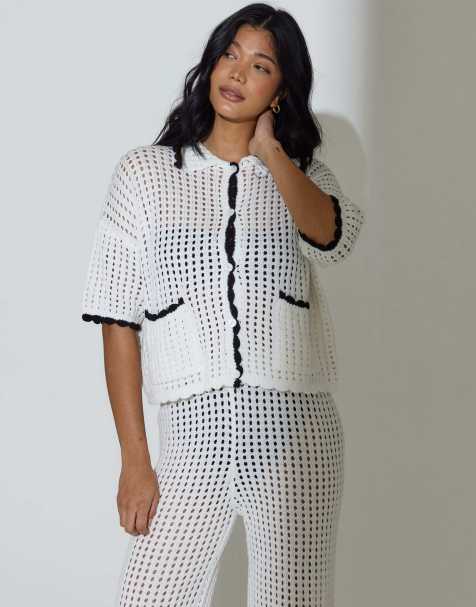 South Beach - Chemise à manches courtes boutonnée en maille crochetée - Blanc - view 1