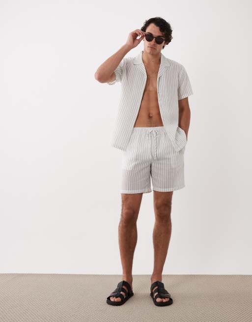 South Beach - Chemise de plage en lin mélangé à manches courtes et rayures - Blanc, 2 de 5