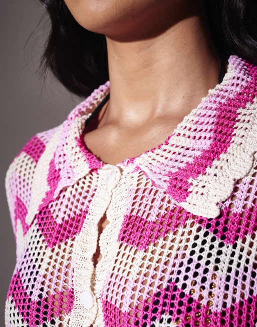 South Beach - Chemise manches courtes au crochet à chevrons - Rose, 2 de 4