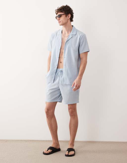 South Beach - Chemise manches courtes en lin mélangé à rayures - Bleu, 2 de 5