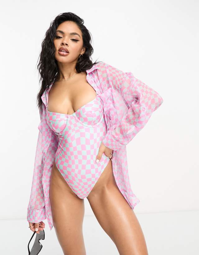 South Beach chiffon beach shirt in pink and blue warped check