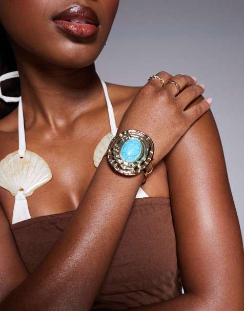South Beach chunky bangle with turquoise stone in gold - view 1