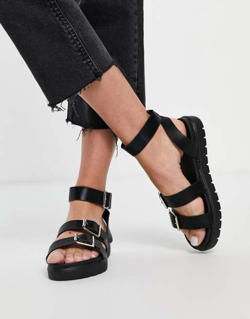 Black Pu Square Buckle Detail Sandals, Shoes