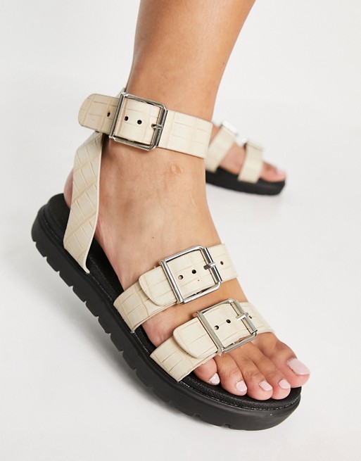 South Beach chunky buckle sandals in off white croc