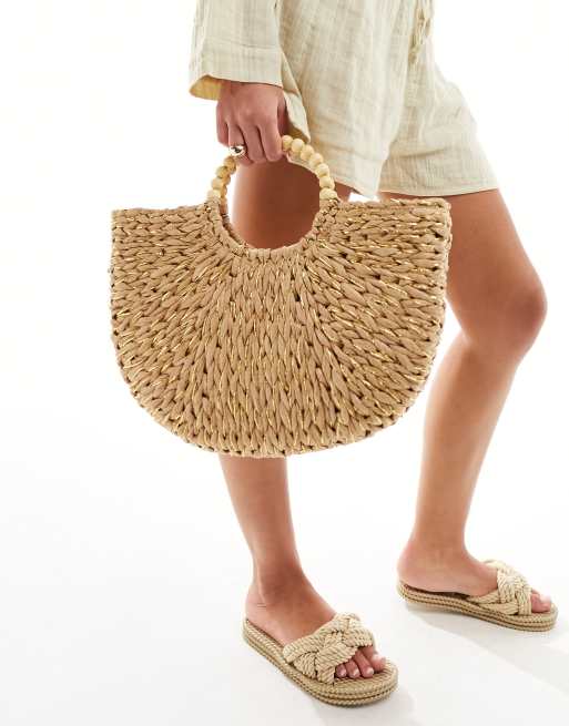 South Beach - Clutch-strandtaske i strå med guldfarvede detaljer og perlehank, 4 af 4