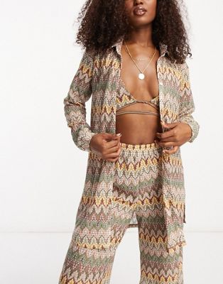 South Beach co-ord oversized beach shirt in embroidered multi print