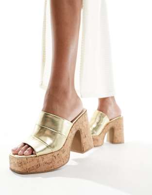 South Beach cork heeled mules in gold