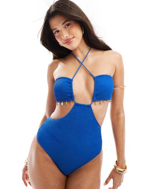 South Beach - Costume da bagno blu cobalto decorato stropicciato con cut-out sul davanti - view 1