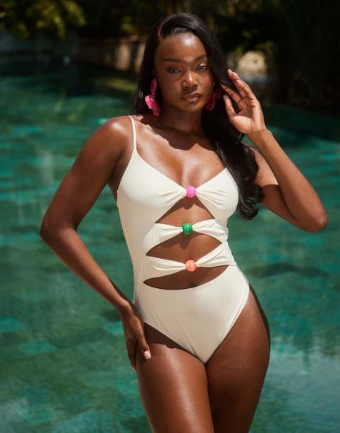 South Beach - Costume da bagno color crema con cut-out e perline in tonalità bubblegum - view 1