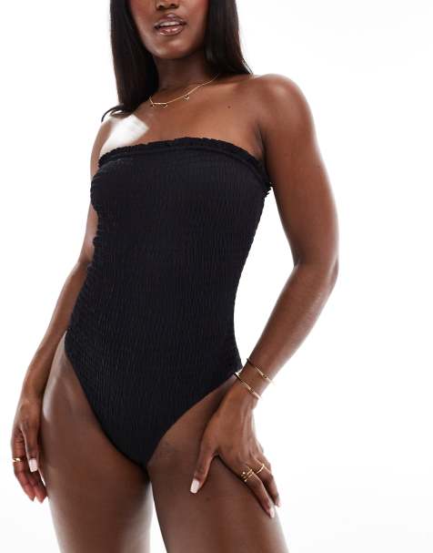 South Beach - Costume da bagno stropicciato a fascia nero con volant - view 1