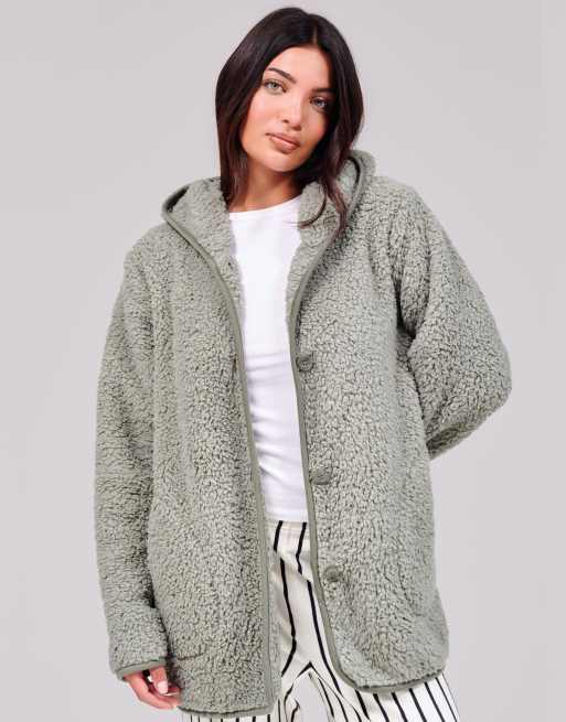 South Beach Cosy borg fleece hooded lounge cardigan in green, 2 of 4