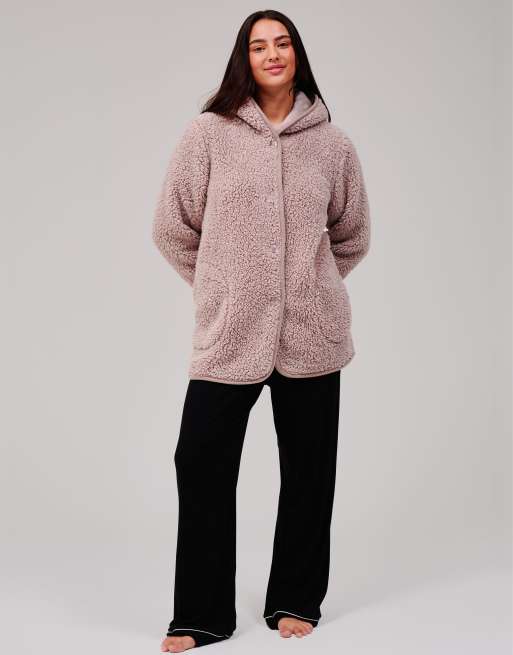 South Beach Cosy borg fleece hooded lounge cardigan in mink, 2 of 5