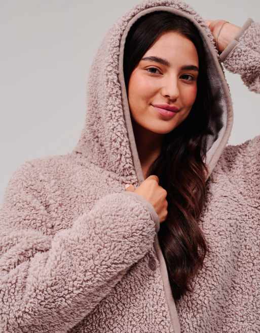 South Beach Cosy borg fleece hooded lounge cardigan in mink, 3 of 5