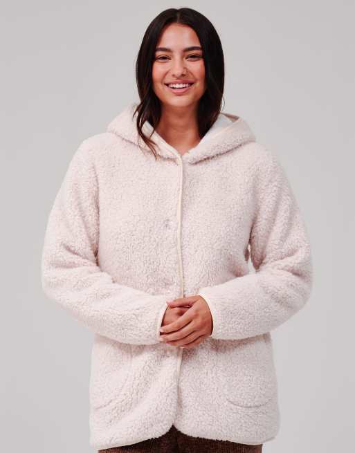 South Beach Cosy borg fleece hooded lounge cardigan in vanilla, 2 of 7