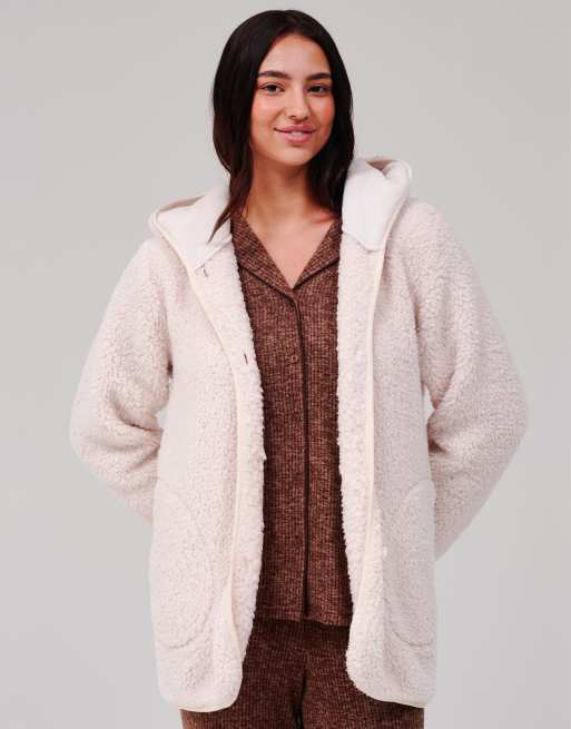 South Beach Cosy borg fleece hooded lounge cardigan in vanilla, 3 of 7