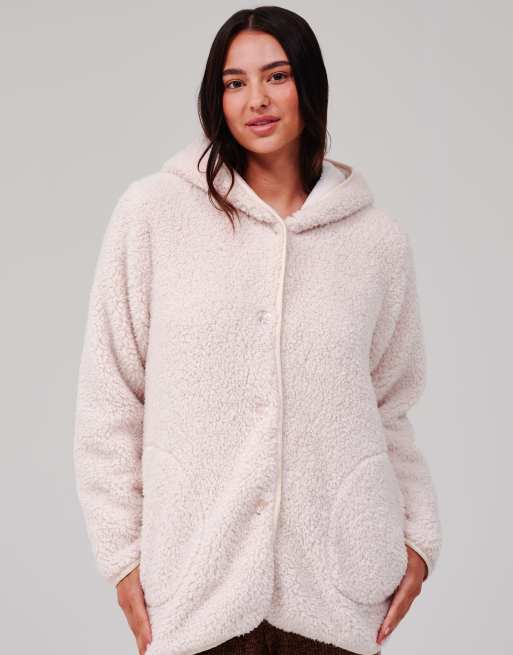 South Beach Cosy borg fleece hooded lounge cardigan in vanilla, 4 of 7