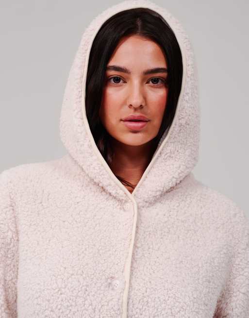 South Beach Cosy borg fleece hooded lounge cardigan in vanilla, 5 of 7