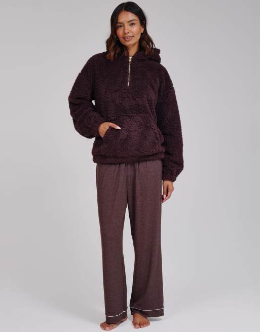 South Beach Cosy borg fleece quarter zip lounge hoodie in brown, 2 of 6