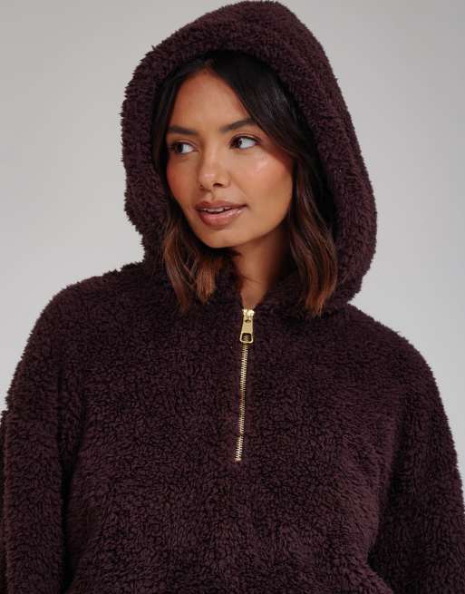 South Beach Cosy borg fleece quarter zip lounge hoodie in brown, 3 of 6
