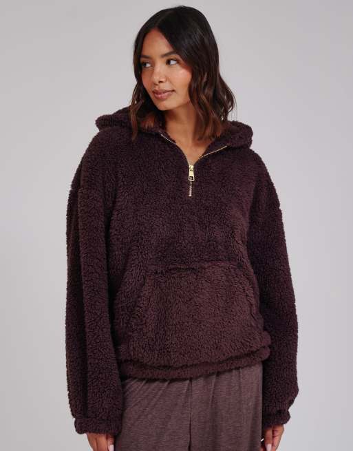 South Beach Cosy borg fleece quarter zip lounge hoodie in brown, 4 of 6