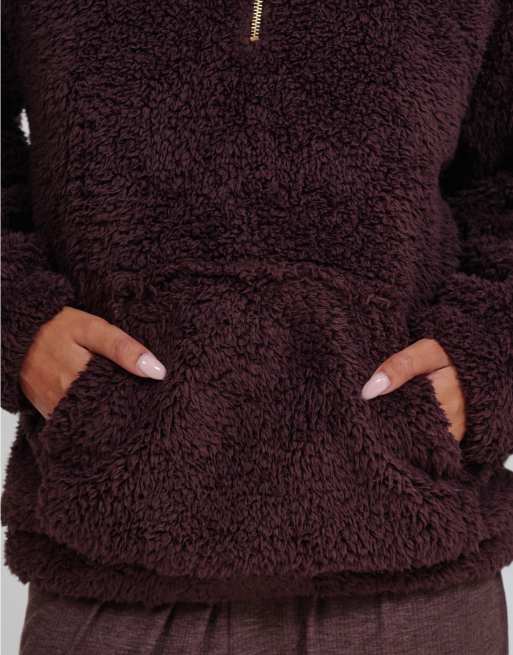 South Beach Cosy borg fleece quarter zip lounge hoodie in brown, 5 of 6