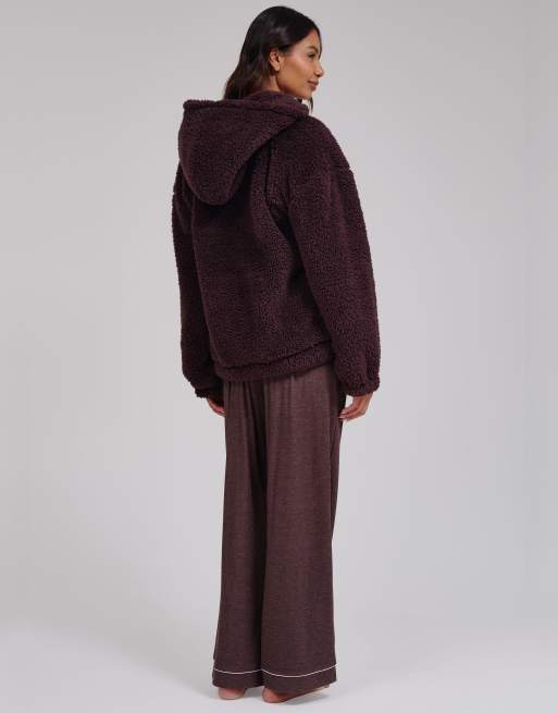 South Beach Cosy borg fleece quarter zip lounge hoodie in brown, 6 of 6