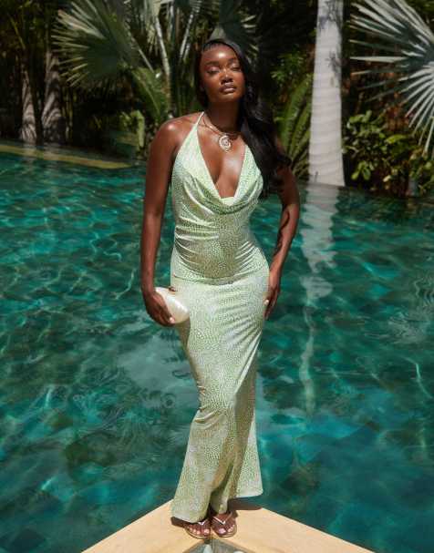 South Beach cowl neck maxi beach dress in green multi - view 1
