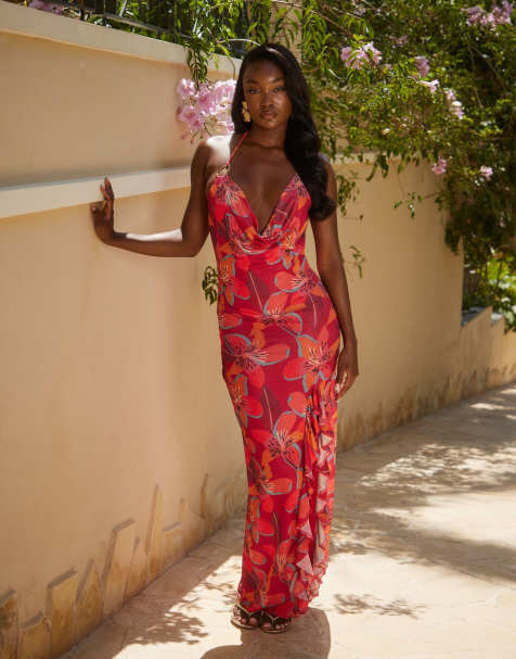 South Beach cowl neck maxi beach dress in tropical flower red - view 1
