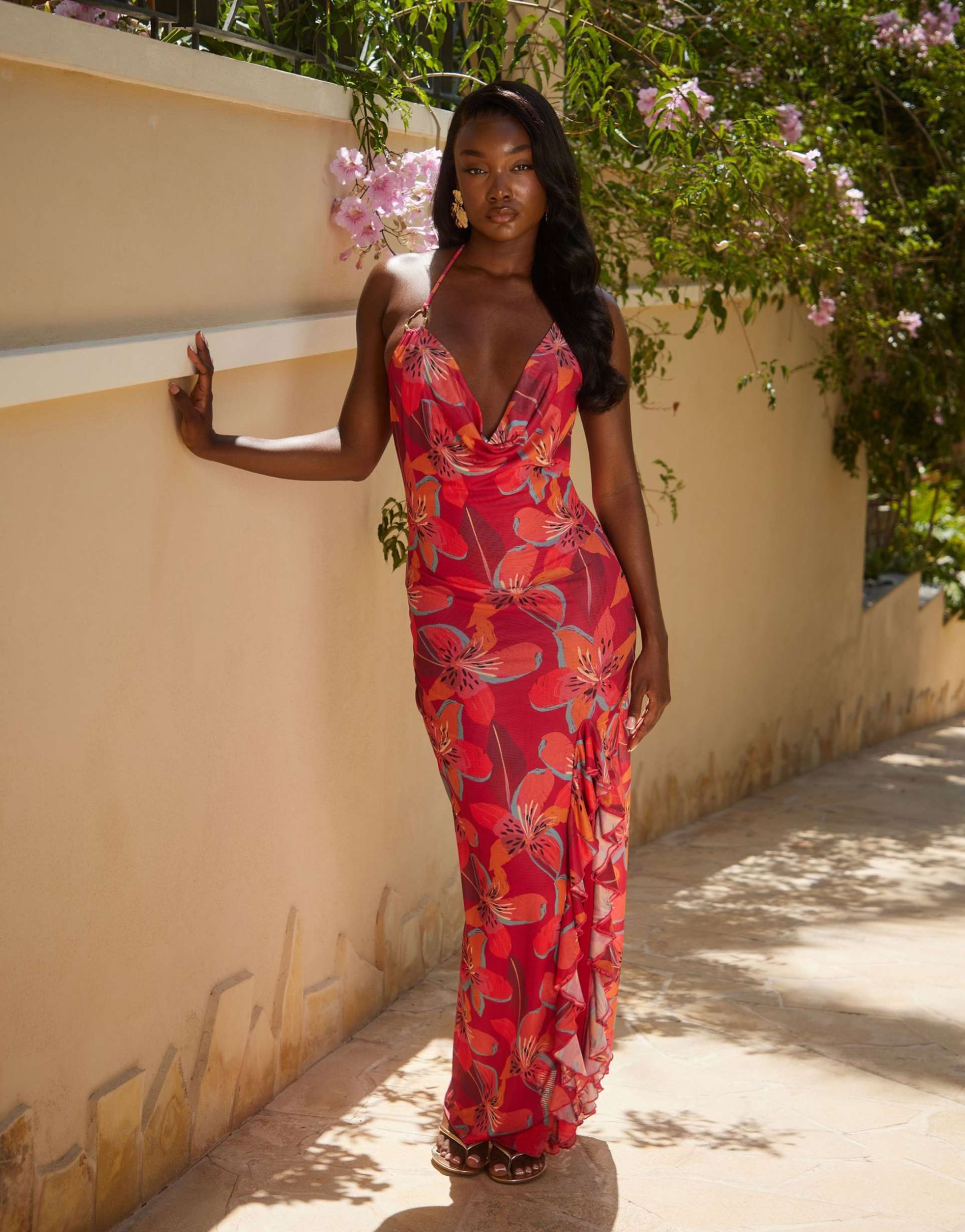 south beach cowl neck maxi beach dress in tropical flower red