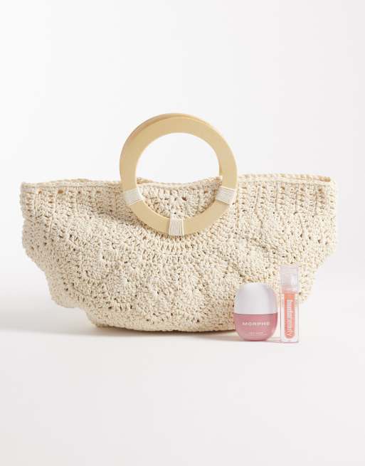 South Beach - Cremehvid hæklet clutch-taske med træhank , 2 af 4