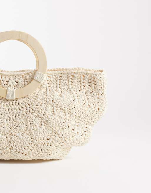 South Beach - Cremehvid hæklet clutch-taske med træhank , 4 af 4