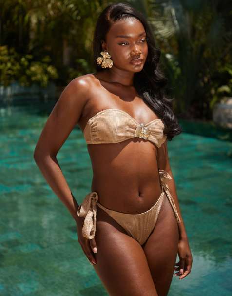 South Beach crinkle bandeau bikini with gold flower detail in caramel - view 1