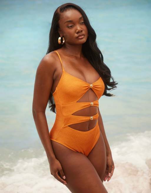 South Beach crinkle cut out swimsuit with gold hardware detail in copper, 4 of 4