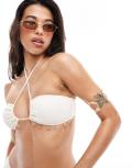 South Beach crinkle embellished upside down triangle bikini top in cream-White