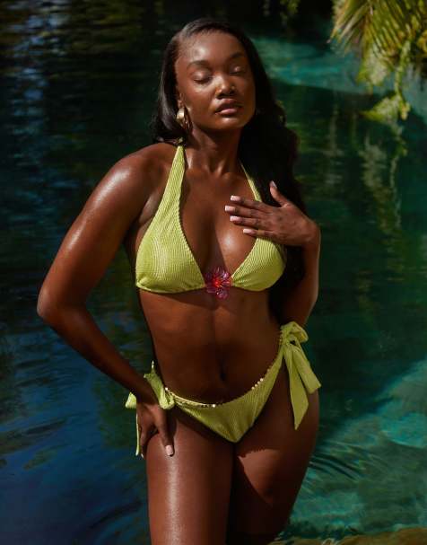 South Beach crinkle high apex triangle bikini top with pink flower detail in green - view 1