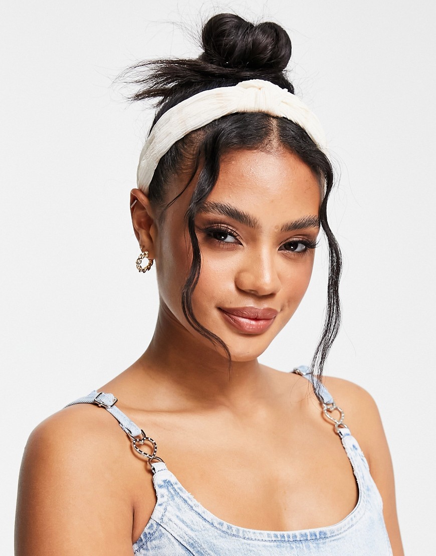 South Beach crinkle knotted headband in cream-White