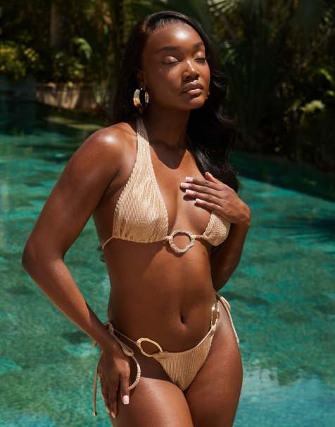 South Beach crinkle tie side bikini bottom with ring detail in caramel - view 1