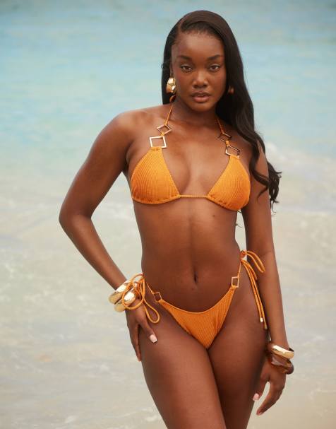 South Beach crinkle triangle bikini top in copper - view 1