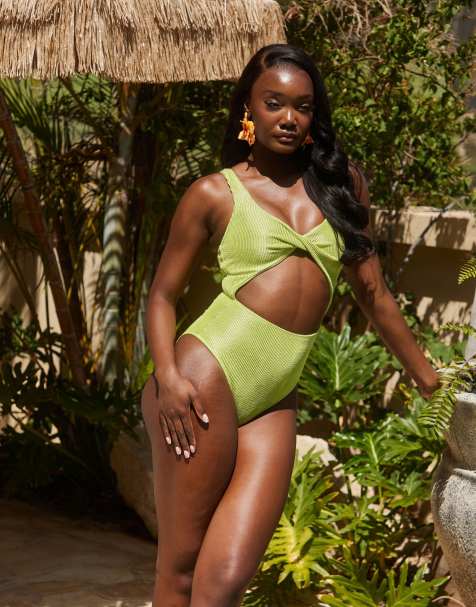 South Beach crinkle twist front cut out swimsuit in green - view 1