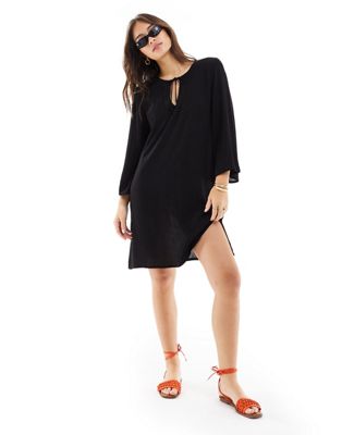 South Beach Crinkle viscose pull over beach tunic in black