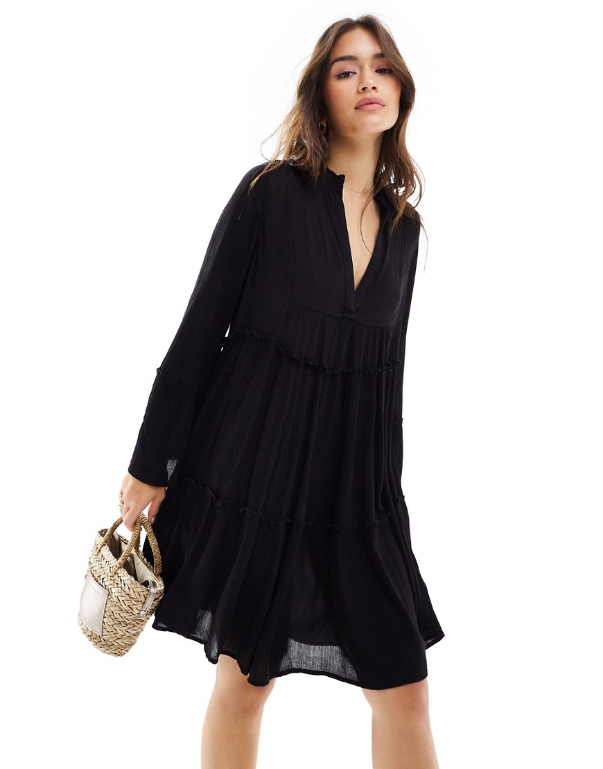 South Beach Crinkle viscose pull over tiered beach dress in black