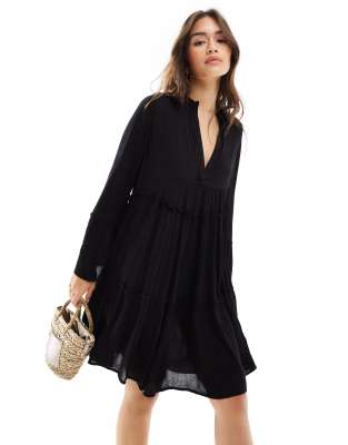 South Beach Crinkle viscose pull over tiered beach dress in black | ASOS