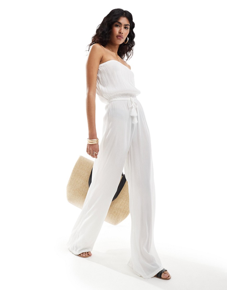 South Beach Crinkle viscose strapless beach jumpsuit in white