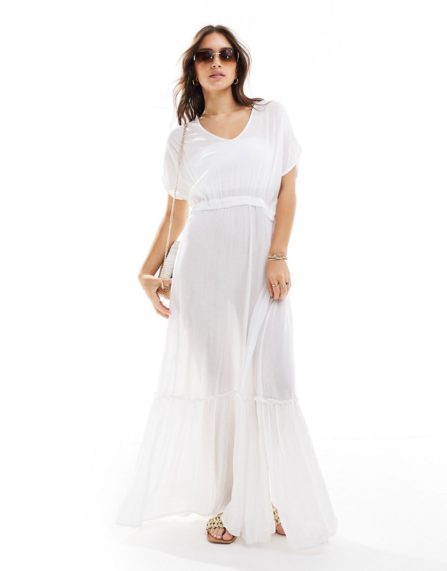 South Beach crinkle viscose tiered beach maxi dress in white