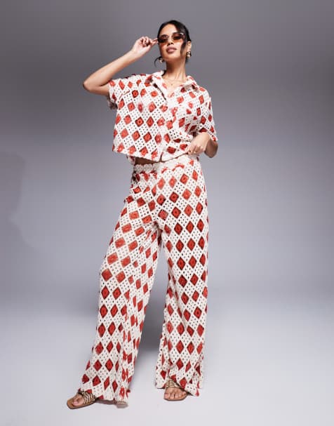 South Beach crochet beach trouser co-ord in cream and rust