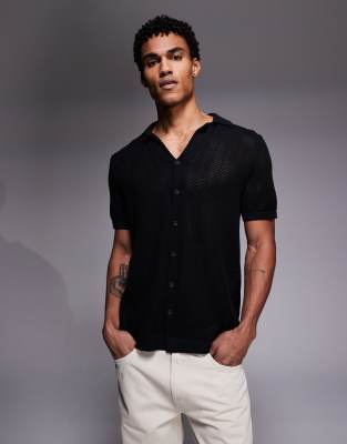 South Beach Crochet Camp Collar Shirt In Black