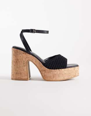 South Beach Crochet Cork Heeled Sandals In Black